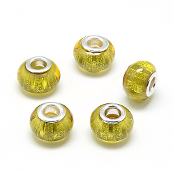 Light Khaki Resin European Beads, Large Hole Beads, with Silver Color Plated Brass Cores, Rondelle Large Hole Beads, Light Khaki, 13.5x9~9.5mm, Hole: 5mm