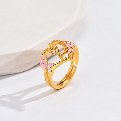 Letter Z Регулируемые кольца для пальцев с латунным жемчугом и розовой эмалью в форме сердца и цветка, без кадмия, без никеля и без свинца, золотые, Письмо Z, 14 мм, внутренний диаметр: 17 мм