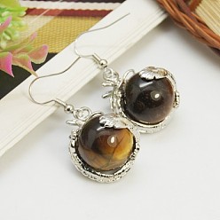 Tiger Eye Fashion Gemstone Earrings, Tiger Eye with Brass Earring Hooks, Coffee, 42x20mm, Pin: 0.7mm
