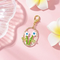 Темно-Голубой Овальный с цветочным стеклянным бисером и подвесками из лэмпворка и сплава, с карабин-лобстерами , золотые, глубокое синее небо, 49.5 мм