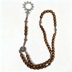 Ring Wood Rosary Bead Necklaces, Religion Alloy Jesus Cross Pendant Necklaces, Antique Silver, Camel, Ring, 27.56 inch(70cm)