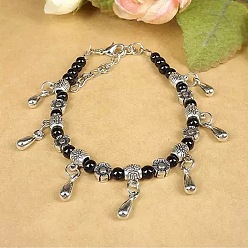 Black Bohemian Teardrop Alloy Charm Bracelets, Flower & Bee Alloy Tibetan & Synthetic Turquoise Beaded Bracelets for Women, Black, 6.89 inch(17.5cm)