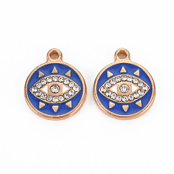Medium Blue Alloy Pendants, with Enamel and Rhinestone, Light Gold, Flat Round with Eye, Medium Blue, 19x15x3mm, Hole: 1.6mm
