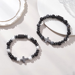 Смешанные камни 2шт. эластичные браслеты из натуральной лавы, ларвикита и говлита для пары, крестик, с немагнитных синтетическими гематита бисера, внутренний диаметр: 2.36 дюйм (6 см)