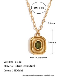 Real 18K Gold Plated Brass Pave Green Cubic Zirconia Pendant 304 Stainless Steel Paperclip Chain Necklaces, Rectangle, Real 18K Gold Plated, 15.75 inch(40cm)