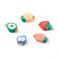 Mixed Color Polymer Clay Pendants, with Brass Findings, Fruit, Golden, Mixed Color, 12~17x8~10x4.5~5mm, Hole: 1.8mm