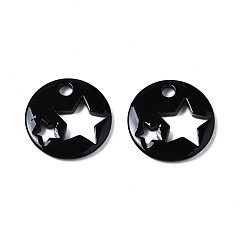 Black Spray Painted Brass Charms, Flat Round with Star, Black, 14.5x14.5x2.5mm, Hole: 2mm