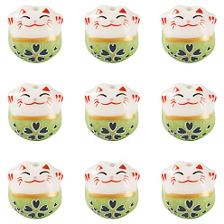 Зеленый газон 9шт. фарфоровые бусины ручной работы с принтом, Lucky Cat, зеленый газон, 13x14x11 мм, отверстие : 2 мм