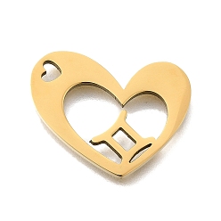 Близнецы 201 подвески из нержавеющей стали, лазерная резка, сердце с подвеской в виде созвездия, золотые, Близнецы, 17x21.5x1.5 мм, отверстие : 1.6x2.6 мм