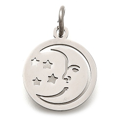 Нержавеющая Сталь Цвет 304 прелести нержавеющей стали, с целью перехода в кольце, плоский круглый с подвеской в виде луны и звезды, лазерная резка, цвет нержавеющей стали, 13.5x11.5x1 мм, отверстие : 3 мм