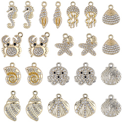 Golden 24Pcs 12 Styles Alloy Crystal Rhinestone Pendants, Ocean Theme Charms, Golden, 19.5x16.5x3mm, Hole: 1.8mm, 2Pcs/Style