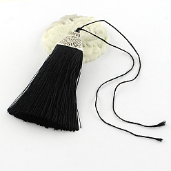 Black Polyester Tassel Pendant Decorations with Antique Silver CCB Plastic Findings, Black, 80x20x11mm