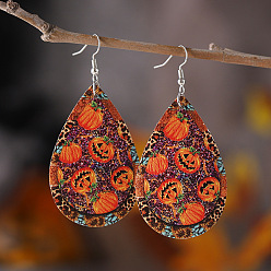 Orange Red Halloween Wood Earrings, with Stainless Steel Earrings Hook, Teardrop with Pumpkin, Orange Red, 75x35mm