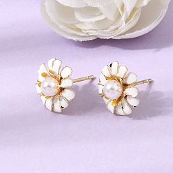 Blanc Boucles d'oreille en laiton émaillé, fleur, avec des perles en plastique abs, sans plomb et sans cadmium, crémaillère plaquage, plaqué longue durée, réel 18 k plaqué or, blanc, 13.5~14mm