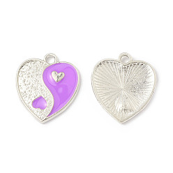 Medium Orchid Alloy Enamel Pendants, Heart with Yin Yang Charm, Platinum, Medium Orchid, 17x15x1.6mm, Hole: 1.8mm