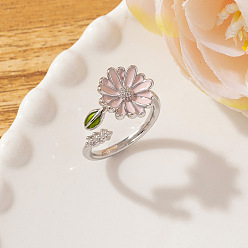 Pink Латунные кольца-манжеты для женщин, с эмалью и горный хрусталь, цветок, платина, розовые, внутренний диаметр: 15~20 мм
