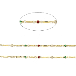 Mixed Color Cubic Zirconia Flat Round Link Chains, with Real 18K Gold Plated Brass Findings, Soldered, with Spool, Mixed Color, 4x8x1.5mm
