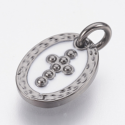 Gunmetal Brass Enamel Charms, Lead Free & Cadmium Free, Oval with Cross, Gunmetal, 12x9x2mm, Hole: 2.8mm