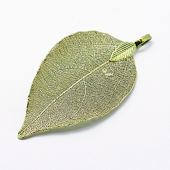 Другой Цвет Латунные покрытые натуральными листьями большие подвески, долговечный, лист, зелёные, 52~86x23~46x0.5~3 мм, отверстие : 3x5.5 мм