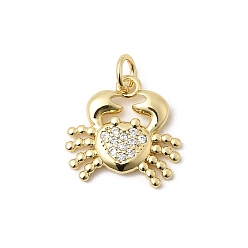 Настоящее золото 18K Латунные микропаве прозрачные подвески с фианитом, долговечный, стойки покрытие, без свинца и без кадмия, крабовые прелести, реальный 18 k позолоченный, 14.5x15x2.5 мм, Перейти кольцо: 5x0.8 мм, 3.4 мм внутренним диаметром