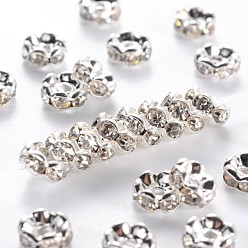 Clear Middle East Rhinestone Spacer Beads, Clear, Brass, Silver Color Plated, Nickel Free, Size: about 6mm in diameter, 3mm thick, hole: 1mm