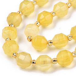 Yellow Natural Agate Beads Strands, Faceted, with Seed Beads, Dyed, Round, Yellow, 8x7.5mm, Hole: 1.2mm, Beads: 3.5x2mm, about 34pcs/strand, 15.35 inch(39cm)