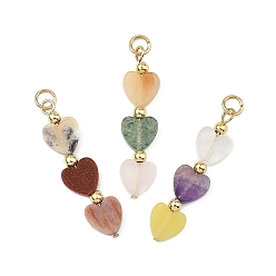 Золотой Природные и синтетические смешанные подвески драгоценных камней, Подвески в форме сердца из бисера с латунными соединительными кольцами, смешанные окрашенные и неокрашенные, золотые, 34.5x8.5x2.5 мм, отверстие : 2.5 мм