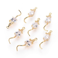 Real 18K Gold Plated Brass Glass Pendants, Mouse, Clear, Real 18K Gold Plated, 28.5x7x6mm, Hole: 1mm