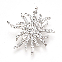 Платина Латунные микро проложить кубического циркония подвески, с прыжковых колец, цветок, платина, 32x30x6 мм, отверстие : 2.5 мм