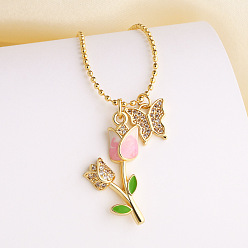 Pink Подвеска-колье из латуни с микропаве из прозрачных кубических цирконий и эмалью в виде бабочки и розы для женщин., золотые, розовые, 16.93 дюйм (43 см)