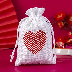 Red Burlap Heart Print Packing Pouches, Drawstring Bags, for Presents, Valentine's Day Party Favor Gift Bags, Rectangle, Red, 15x10cm
