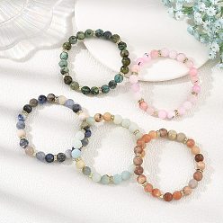Color mezclado Pulseras elásticas redondas de cuentas de piedras preciosas mixtas naturales de 8.5 mm con cuentas de acero inoxidable quirúrgico., dorado, color mezclado, diámetro interior: 316 pulgada (2.01 cm)