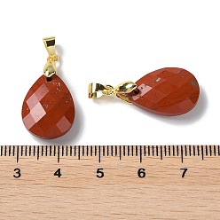 Piedra Roja Colgantes de jaspe rojo natural, encantos de lágrima, facetados, con revestimiento de iones (ip) fornituras de latón chapado en oro, 18x13x6 mm, agujero: 4x3.3 mm