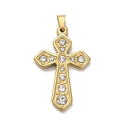 Золотой 304 подвески из нержавеющей стали со стразами, крестик, ионное покрытие (ip), золотые, 40x25.5x4 мм, отверстие : 7x3.5 мм