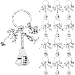 Antique Silver 20Pcs Alloy Chemistry Theme Keychains, with Iron Split Key Rings, Microscope & Measuring Cylinder & Brain Neuron, Antique Silver, 83mm
