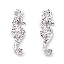 Platinum Rack Plating Brass Micro Pave Cubic Zirconia Pendants, Long-Lasting Plated, Sea Horse, Platinum, 15.5x4.5x2mm, Hole: 1.4mm