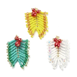 Mixed Color MIYUKI Rocailles Beaded Pendents, with Glass Pearl Round Beaded, Leaf Charms, Mixed Color, 36~38x25~27x8mm, Hole: 0.7mm