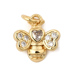 Bees Латунные микропаве прозрачные подвески с фианитом, долговечный, стойки покрытие, без свинца и без кадмия, реальный 18 k позолоченный, прелести пчел, 13x12.5x3 мм, Перейти кольцо: 5x0.8 мм, внутренний диаметр: 3.4 мм
