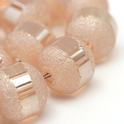 Light Salmon Electroplate Glass Bead Strands, Frosted, Rainbow Plated, Round, Light Salmon, 6~6.5mm, Hole: 1mm, about 100pcs/strand, 23.6 inch