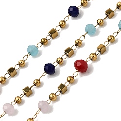 Разноцветный Ручная работа 304 цепочки из нержавеющей стали и стекла в форме ронделей, пайки, с 316 цепями и катушкой из нержавеющей стали, ионное покрытие (ip), реальный 18 k позолоченный, красочный, бусины: 4x3.5мм и 2x2x2мм и 2мм