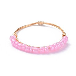 Pearl Pink Glass Seed Beaded Rings, with Copper Wire, Golden, Pearl Pink, 19mm, 1~1.5mm