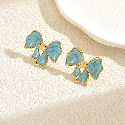 Зеленый Серьги-гвоздики из нержавеющей стали с бантом, золотые, зелёные, 19.8x24.4 мм