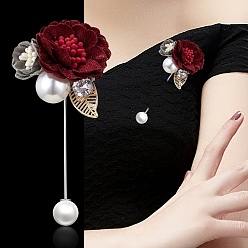 Темно-Красный Сплава брошь, с имитацией жемчуга и тканевой фурнитурой, темно-красный, 95x40 мм