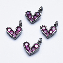 Gunmetal Brass Micro Pave Cubic Zirconia Charms, Long-Lasting Plated, Cadmium Free & Nickel Free & Lead Free, Heart, Hot Pink, Gunmetal, 9.5x6.5x2mm, Hole: 1mm