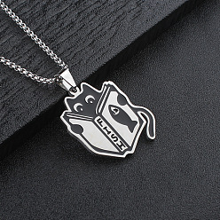 Stainless Steel Color 304 Stainless Steel Black Cat with Book Pendant Box Chain Necklaces, Stainless Steel Color, 23.62 inch(60cm)