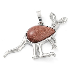 Камень с Пылевым Золотом Синтетические голдстоуновские подвески, с латунной фурнитурой платинового цвета, кенгуру, 34x48x6.5~7 мм, отверстие : 5.5x7 мм