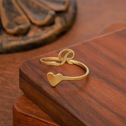 Золотой 304 открытые кольца манжеты из нержавеющей стали, буква Р с сердечком, золотые, 20 мм