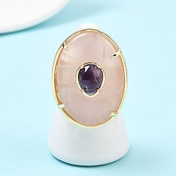 Розовый Кварц Овальные кольца-манжеты из натурального розового кварца и аметиста, с латунной фурнитурой , золотые, 34.5x26 мм