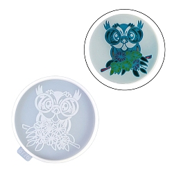 White Flat Round with Owl & Flower DIY Cup Mat Silicone Molds, Resin Casting Molds, for UV Resin, Epoxy Resin Craft Making, White, 114x105x9mm, Inner Diameter: 99mm