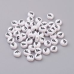 Letter F Акриловые бусины с горизонтальными отверстиями, плоско-круглые, белые, Буква F, 7x4 мм, отверстие : 1.2~1.8 мм